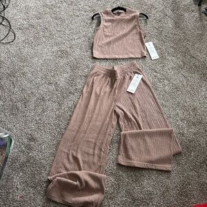 Pink Ribbed Sleeveless Top and Wide-Leg Pants Set